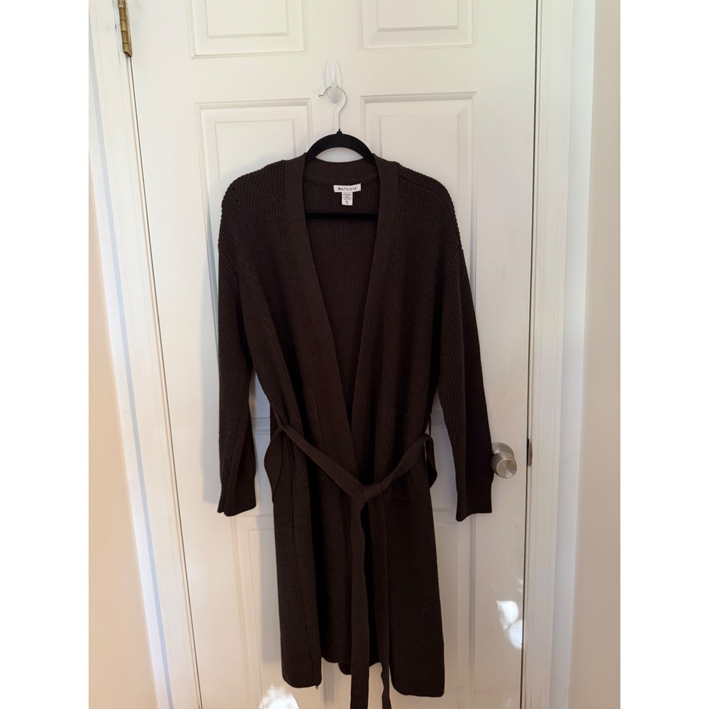 Athleta Scenic Wrap Cardigan XL Brown Merino Wool Blend Belted Long Sweater
